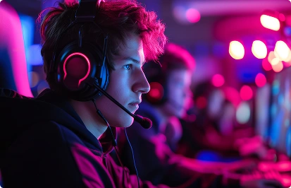 Een jonge gamer met een koptelefoon op speelt geconcentreerd een videogame op een computer in een ruimte met neonverlichting.