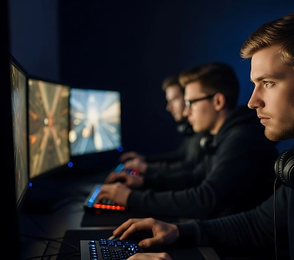 Een team van gamers zit achter computers in een donkere kamer en neemt deel aan een spannende esportswedstrijd.
