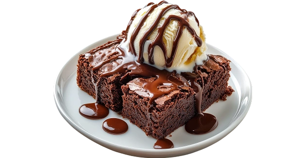 Een chocoladebrownie met vanille-ijs op een rond wit bord.