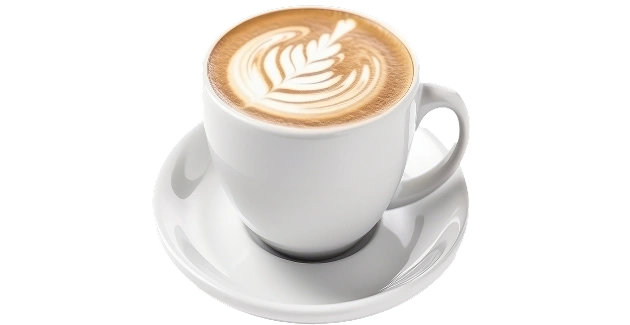 In een wit kopje op een schoteltje staat een cappuccino met een patroon in het schuim.