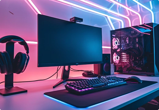 Een moderne computer met beeldscherm, toetsenbord en koptelefoon staat op een lichte tafel tegen de achtergrond van een muur met neonverlichting.