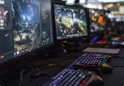 Er staan een aantal moderne computers op een rij op een grote houten tafel in een kamer met veelkleurige neonverlichting.