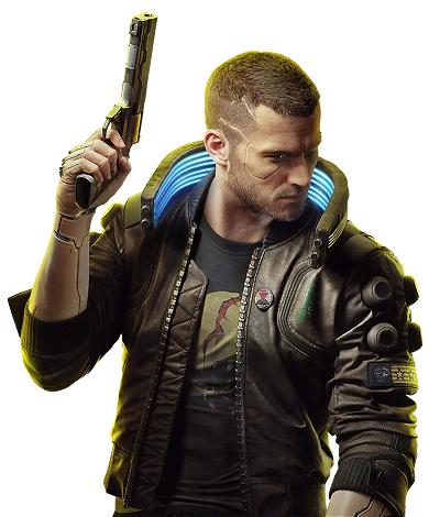 Een personage uit de game Cyberpunk staat met een wapen in de hand in een leren jas