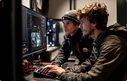 Twee jonge ontwikkelaars zitten achter de computer en bewerken een gameproject op het beeldscherm.