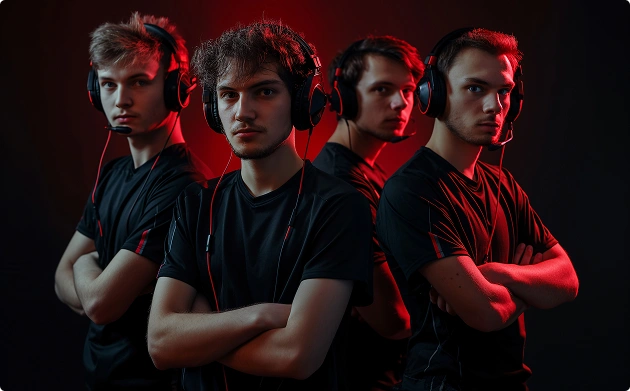 Vier esports-gamers met headsets die samen poseren onder dramatische rode verlichting.