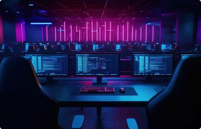 Een grote zaal met rijen gamingcomputers en felle neonverlichting voor esports-wedstrijden.