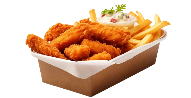 Een doos met snacks, frietjes, nuggets en saus op een papieren bord.