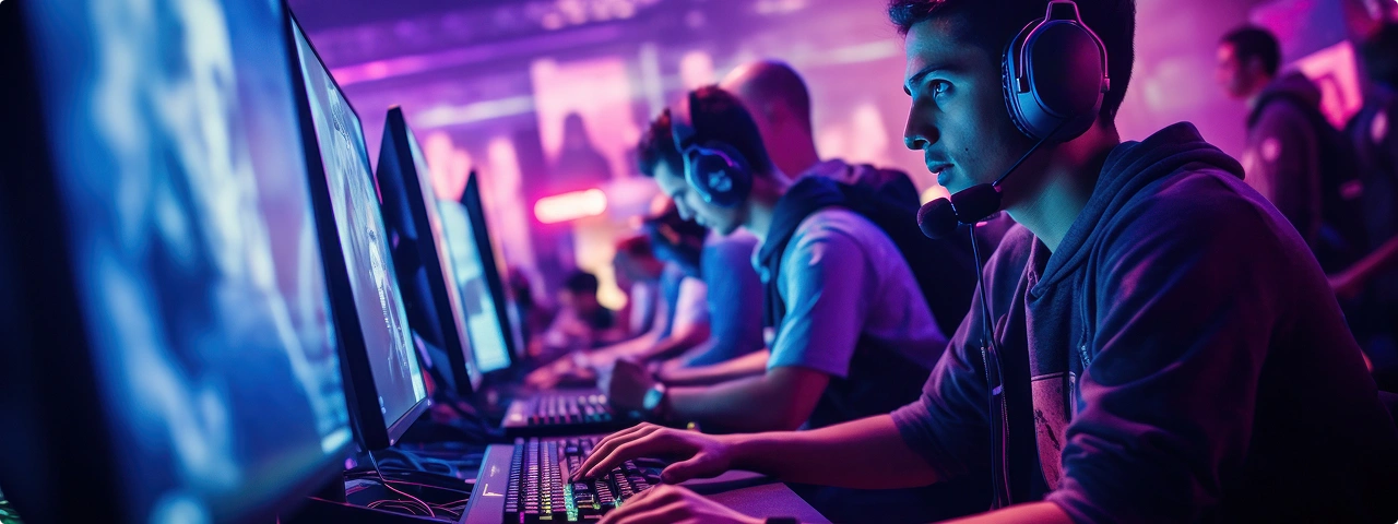 Een team van gamers speelt achter computers tijdens een esports-toernooi in een ruimte met neonverlichting.